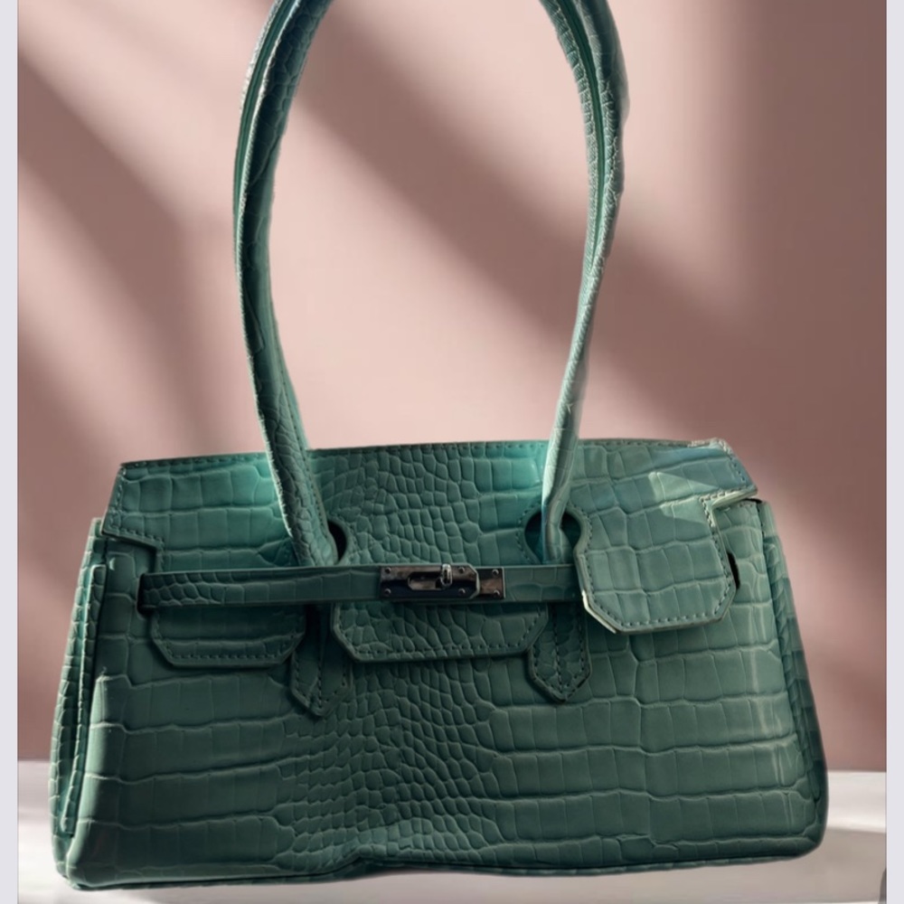 Akira Teal Crocodile-Embossed Handbag